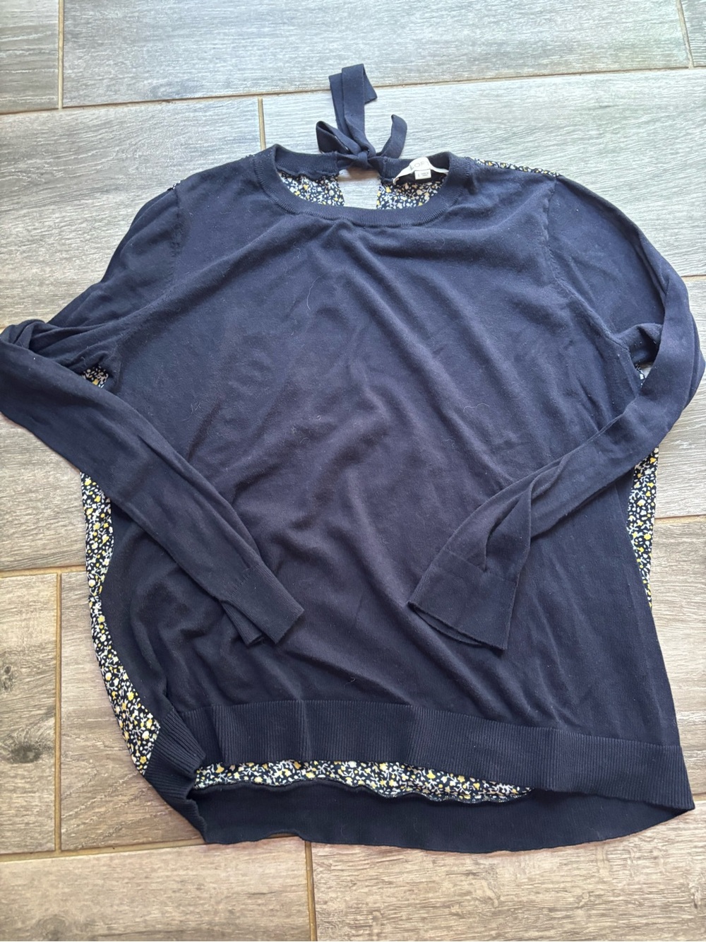 LOFT Navy Tie-Back Sweater with Mixed Media Floral Back
